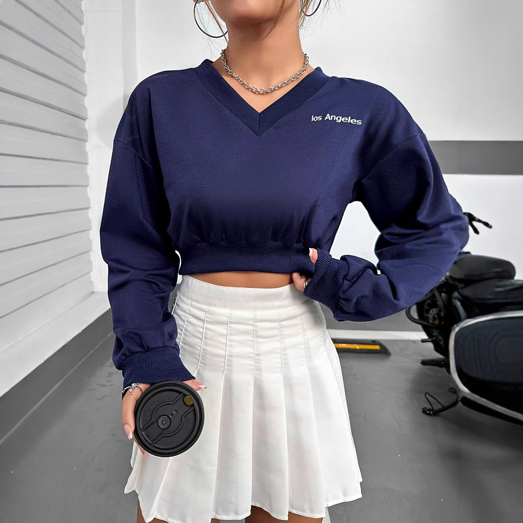 Damen lässiges V-Ausschnitt Crop-Top mit elastischem Saum und langen Ärmeln Drune