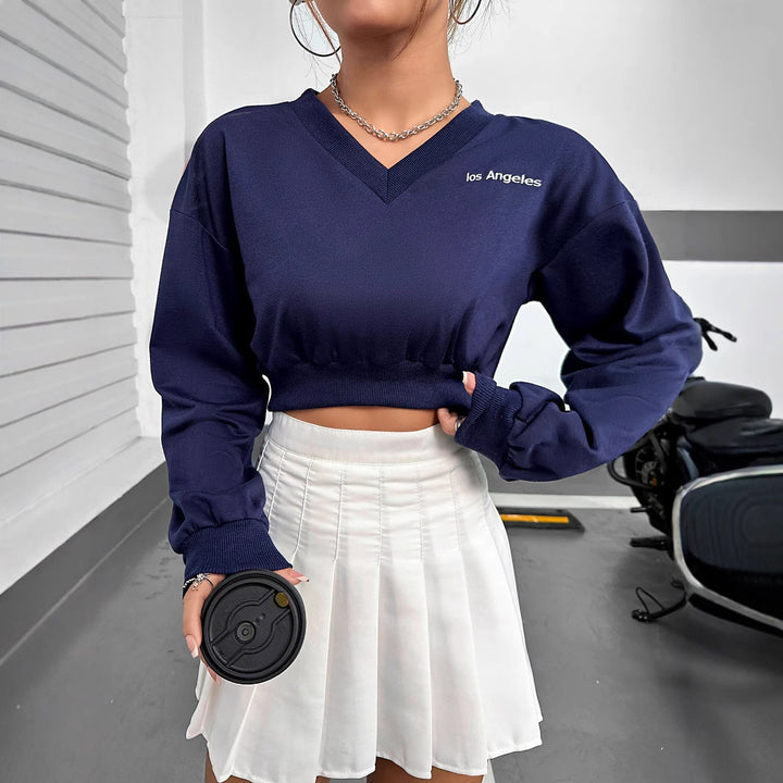 Damen lässiges V-Ausschnitt Crop-Top mit elastischem Saum und langen Ärmeln Drune