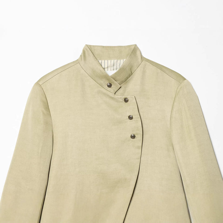 Damen nan asymmetrische Stehkragenjacke mit überlappender Knopfleiste und feinen Zierknöpfen Drune