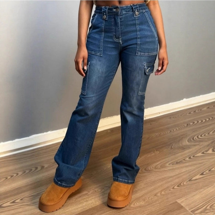 Damen Hochtaillierte Cargo-Denim-Jeans mit geradem Bein und aufgesetzten Klappentaschen Drune
