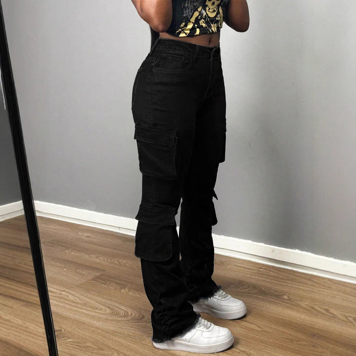 Damen Hochtaillierte Cargo-Jeans mit Mehrfach-Pattentaschen und langem Bein Drune