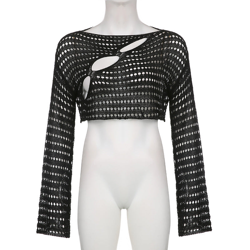 Damen Crop-Top mit offenem Maschenmuster und raffinierten Cut-Outs Drune