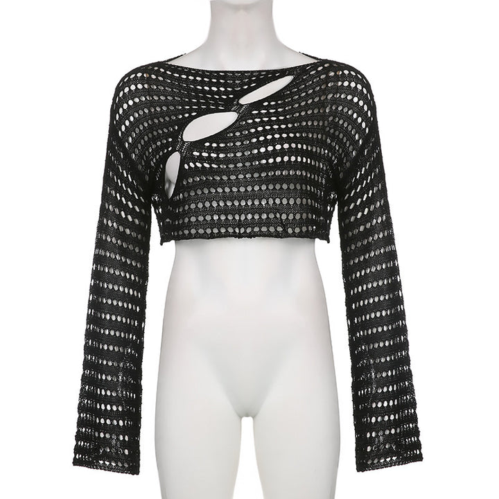 Damen Crop-Top mit offenem Maschenmuster und raffinierten Cut-Outs Drune