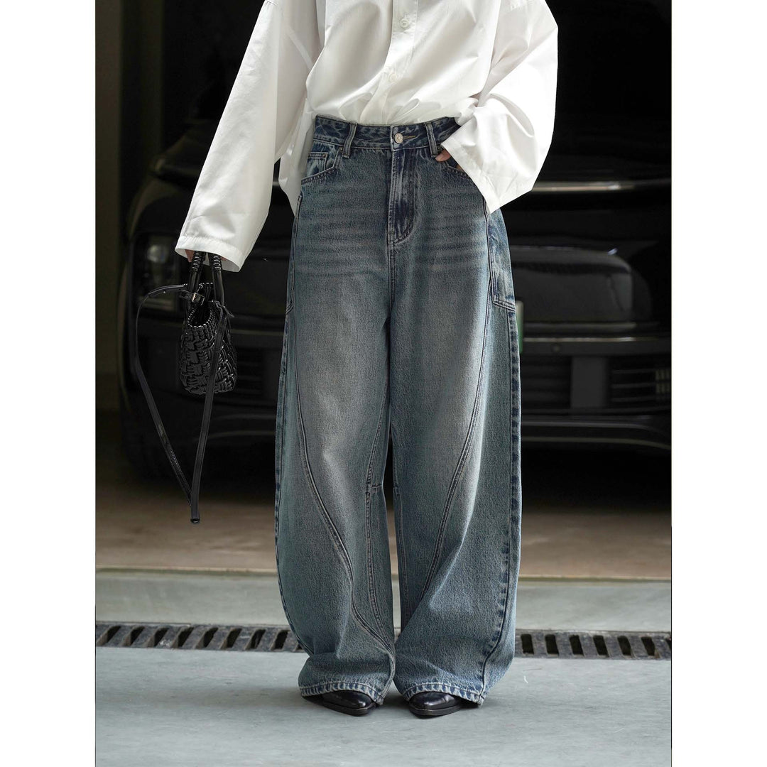 Damen Hochtaillierte Baggy-Denimhose mit geschwungenen Naht-Details Drune