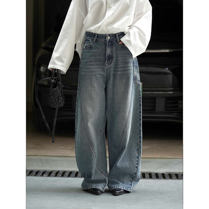 Damen Hochtaillierte Baggy-Denimhose mit geschwungenen Naht-Details Drune