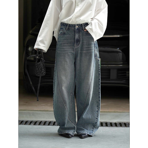 Damen Hochtaillierte Baggy-Denimhose mit geschwungenen Naht-Details Drune
