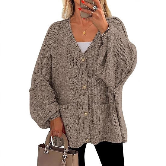 Damen Oversized Strickjacke mit Knöpfen und großen Taschen Drune
