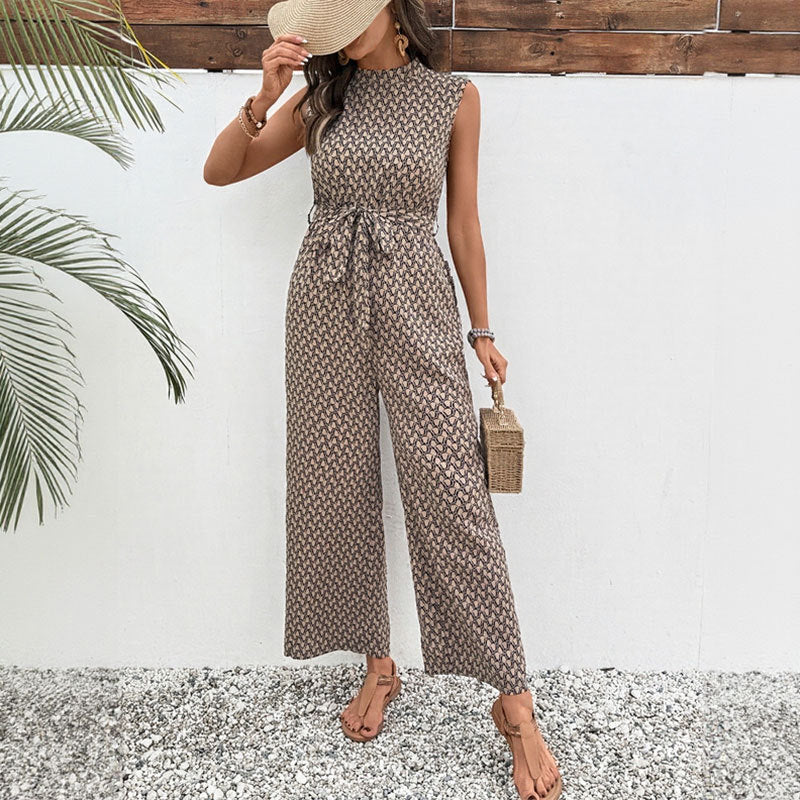 Damen eleganter Jumpsuit mit modernem Bindegürtel und floralem Print Drune