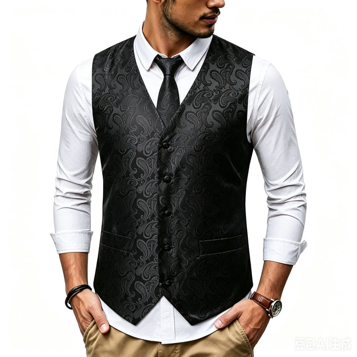 Herren Satin-Jacquard-Weste mit Paisley-Muster und passender Krawatte Drune