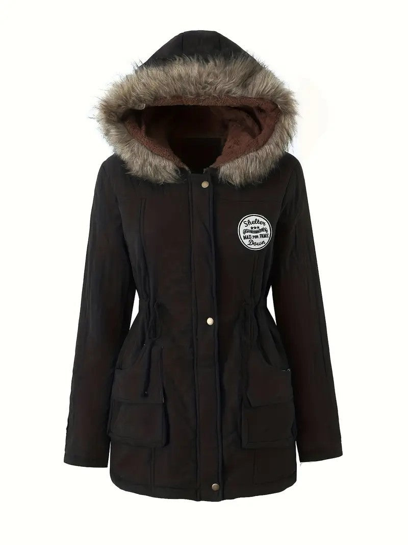 Damen taillierter Parka mit Teddyfutter, Kunstfellkapuze und Multifunktions-Taschen Drune