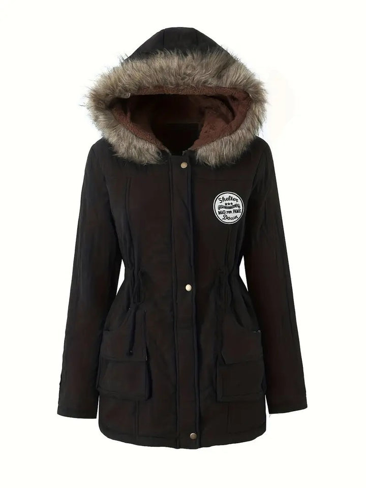 Damen taillierter Parka mit Teddyfutter, Kunstfellkapuze und Multifunktions-Taschen Drune
