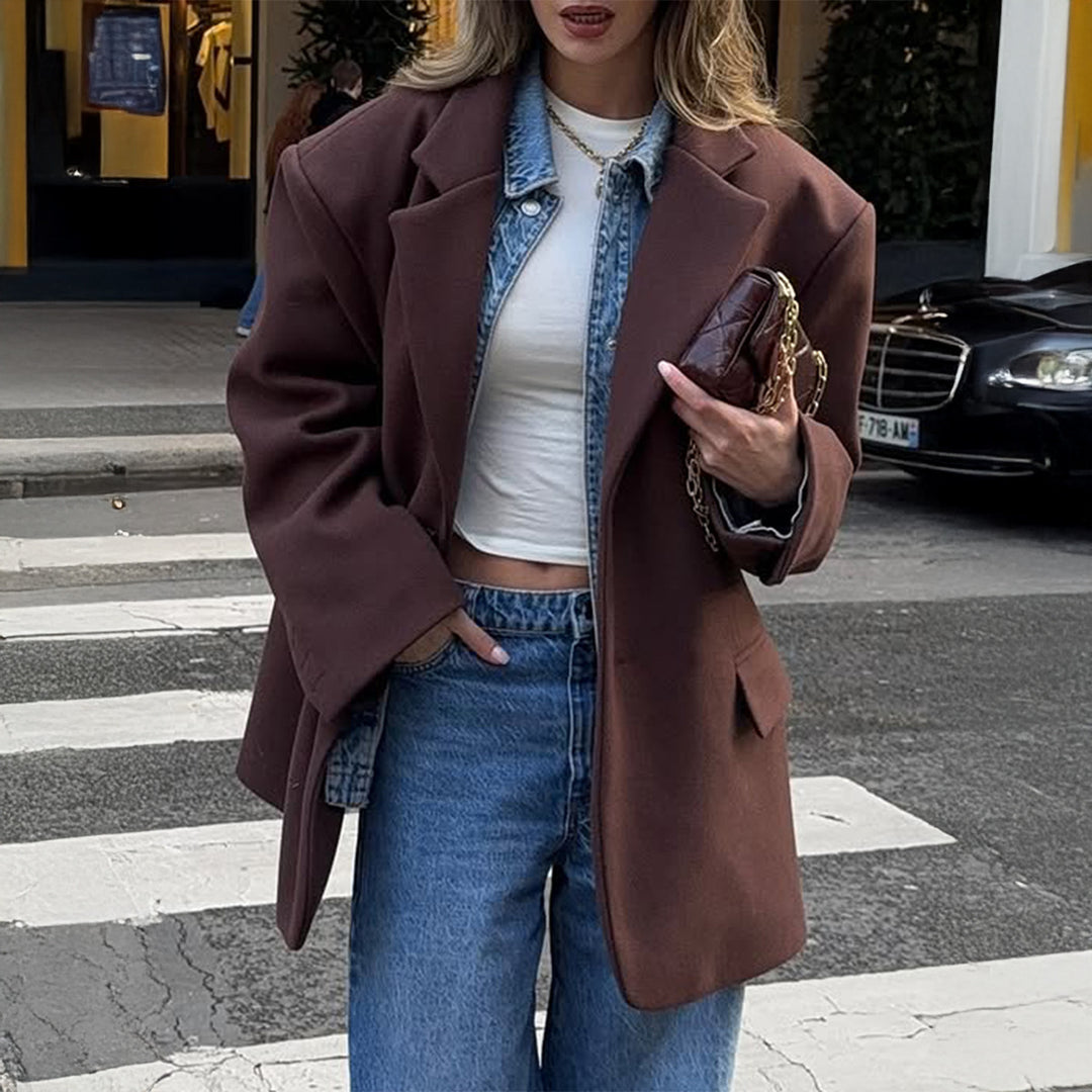 Damen nan oversized Longblazer mit kastigem Schnitt, Reverskragen, gefütterten Pattentaschen und strukturierter Wollmischung Drune