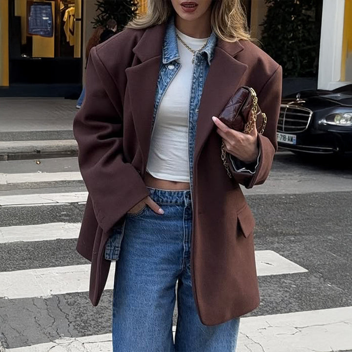 Damen nan oversized Longblazer mit kastigem Schnitt, Reverskragen, gefütterten Pattentaschen und strukturierter Wollmischung Drune
