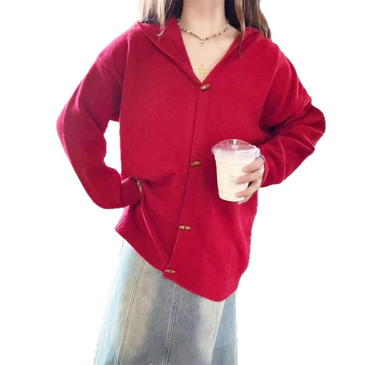 Damen stylische Strickjacke mit Kapuze und dekorativen Knöpfen Drune
