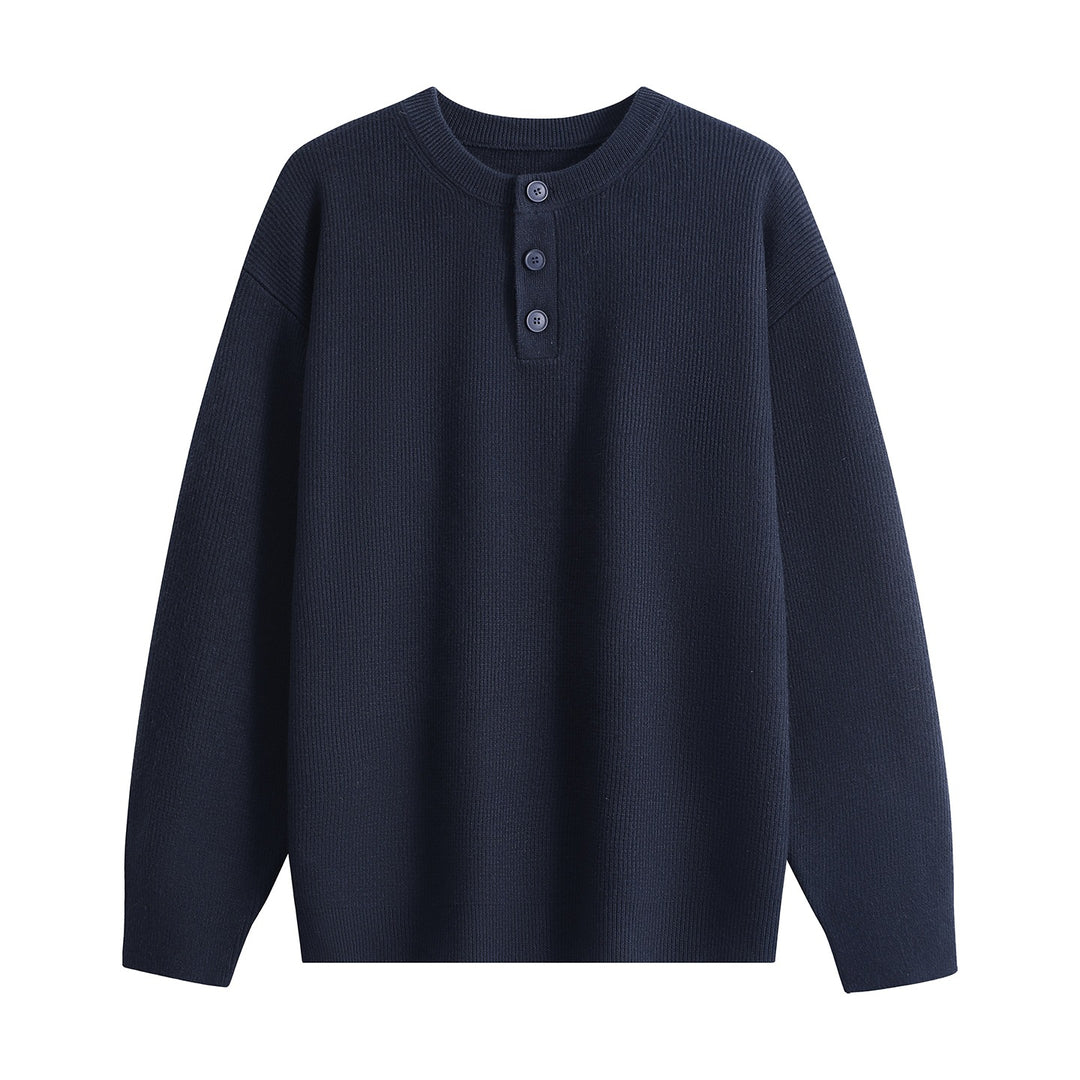 Unisex Oversize Rippstrick-Henley-Pullover mit 3‑Knopf-Leiste Drune