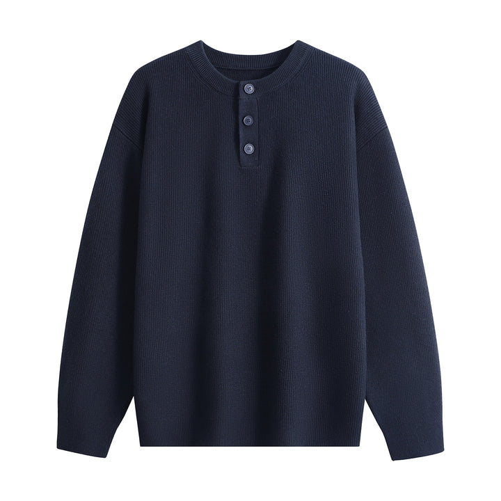 Unisex Oversize Rippstrick-Henley-Pullover mit 3‑Knopf-Leiste Drune