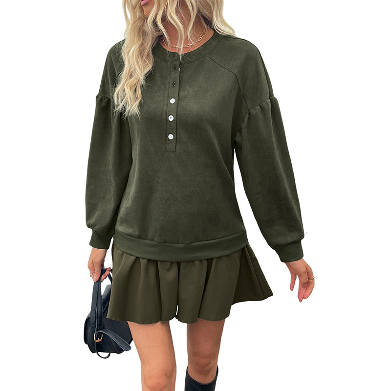 Damen Velours-Henley-Sweatshirt mit Raglan-Ärmeln und Ballonärmeln Drune