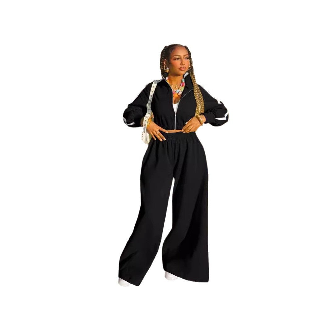 Damen lässiges Sportanzug-Set mit cropped Jacke und weiten Hosen Drune