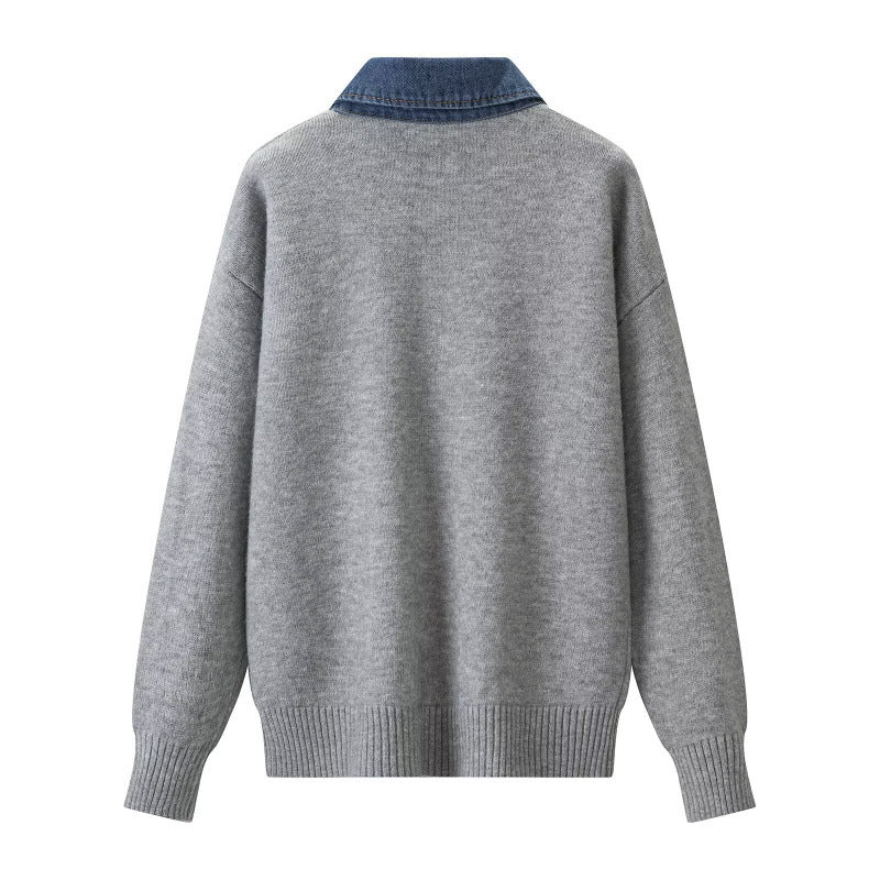 Damen Strickpullover mit Denimkragen und zweiknopf-Poloblende Drune