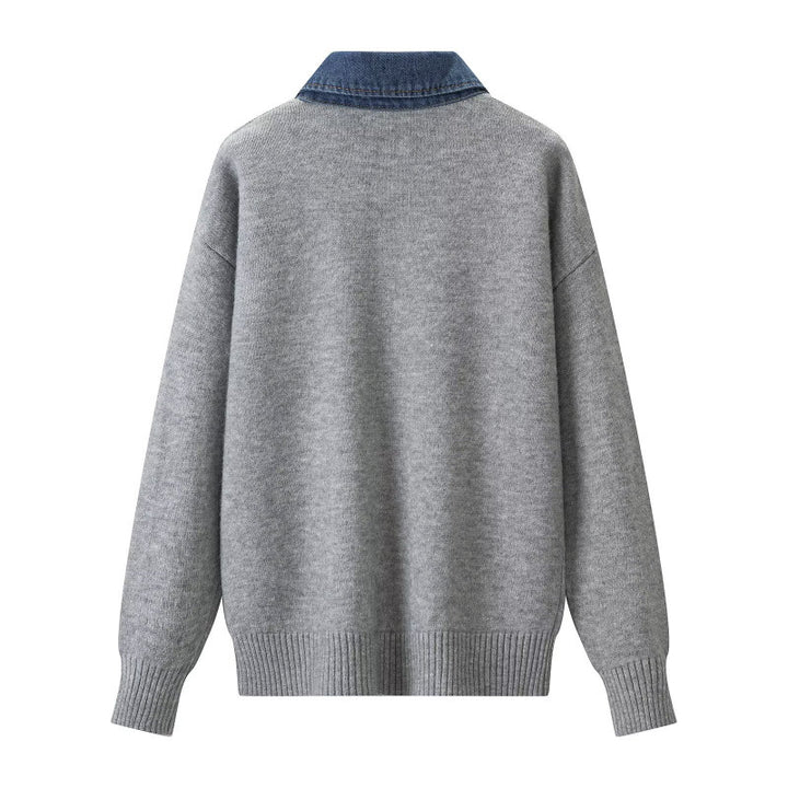Damen Strickpullover mit Denimkragen und zweiknopf-Poloblende Drune
