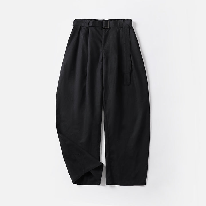 Damen Hochtaillierte Leinen-Baumwoll Bundfaltenhose mit Bindegürtel und tapered Bein Drune