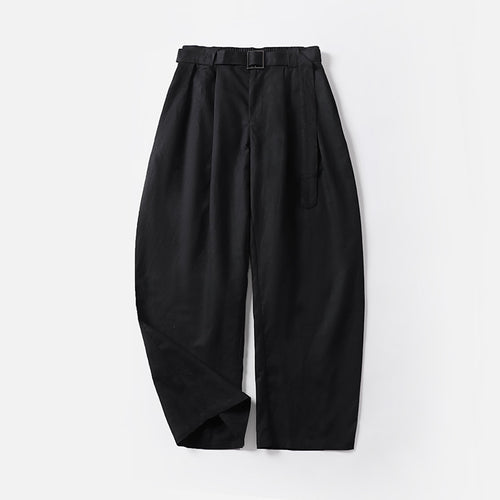 Damen Hochtaillierte Leinen-Baumwoll Bundfaltenhose mit Bindegürtel und tapered Bein Drune