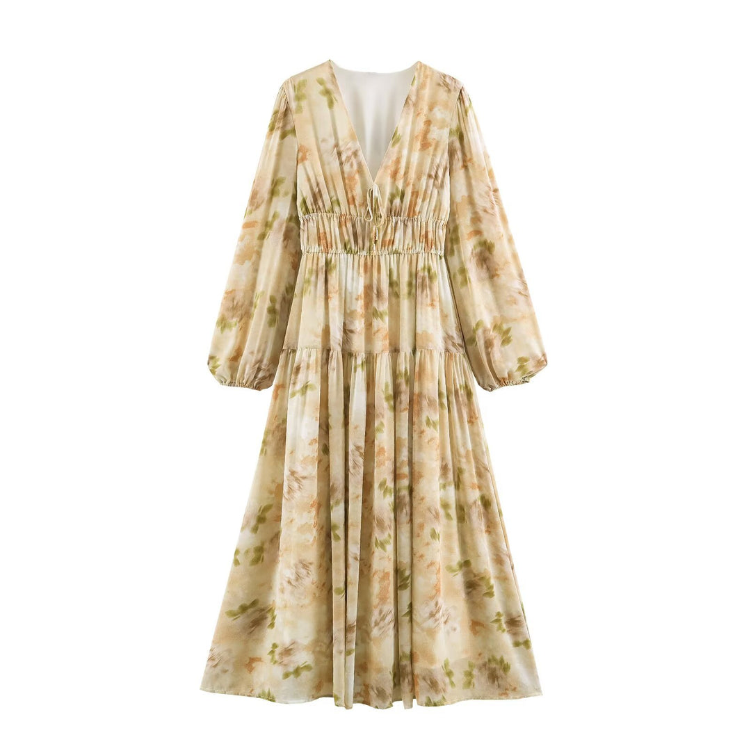 Damen Luftiges Chiffon-Midikleid mit tiefem V-Ausschnitt, geraffter Smock-Taille und Volantstufen Drune