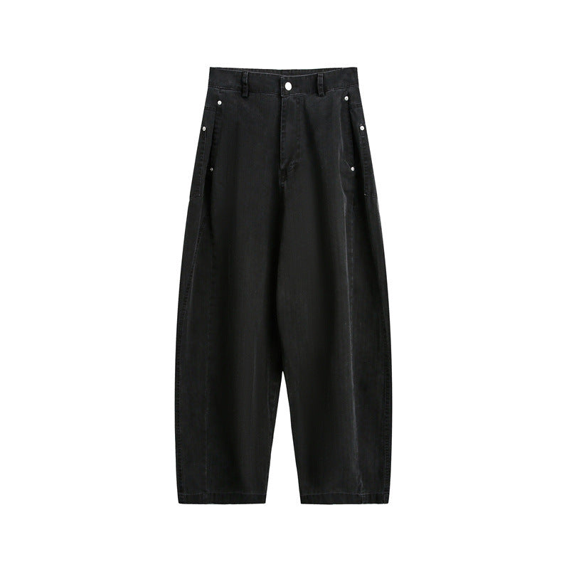 Damen Weite High‑Waist Cargo-Hose mit tiefem Schritt und aufgesetzten Seitentaschen Drune