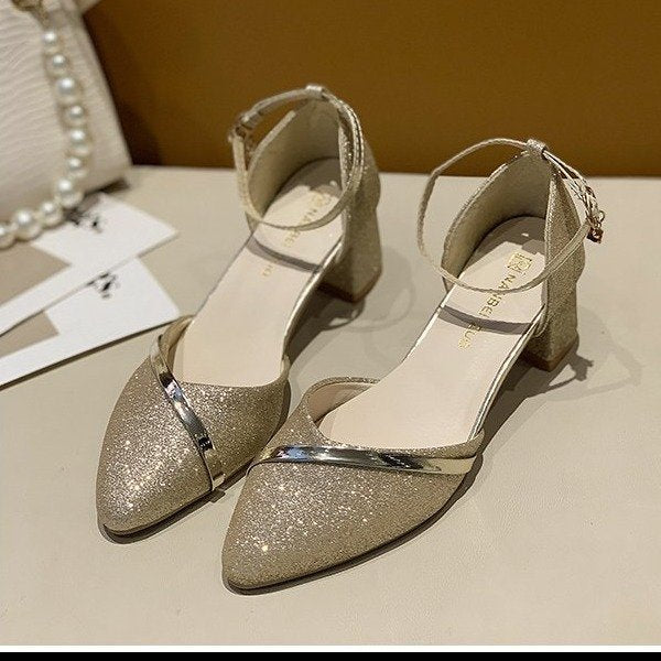 Damen elegante Schlupf-Pumps mit transparentem Riemchen und modischem Glitter Drune