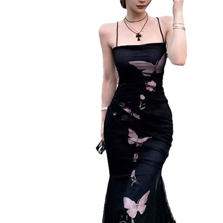 Damen elegantes Wickelkleid mit floralem Schmetterlingsdruck und verstellbaren Spaghetti-Trägern Drune