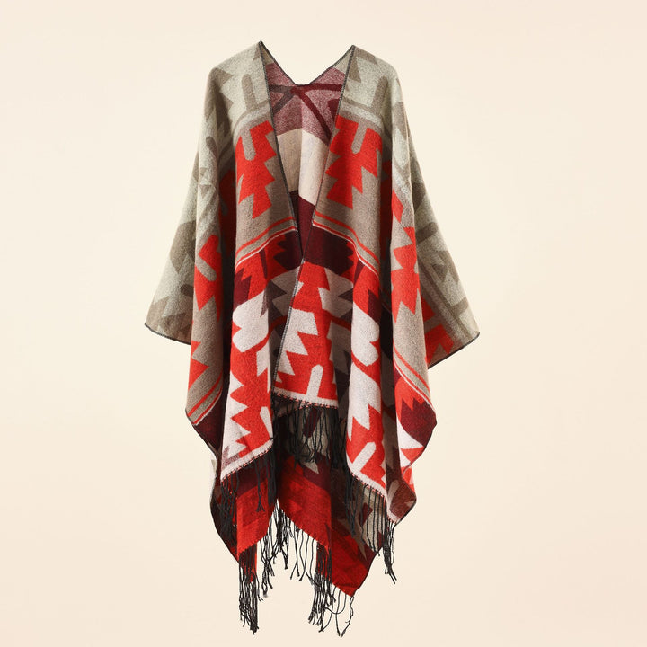 Damen Oversize-Ruana mit V‑Ausschnitt, grobem Jacquardmuster und langen Fransen Drune