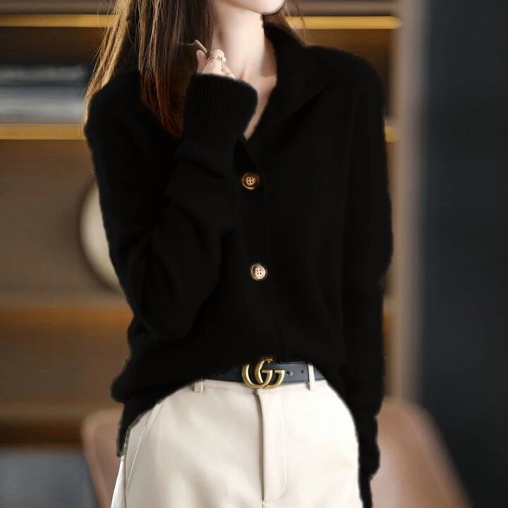 Damen eleganter und komfortabler Strickpullover mit großen Knöpfen Drune
