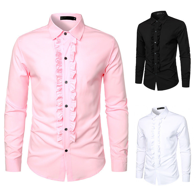 Herren Langarmhemd mit Rüschenverzierung und eleganten Knopfdetails Drune