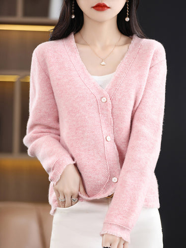Damen Kurzgeschnittener V‑Ausschnitt‑Cardigan mit feinem Flor und Perlmuttknöpfen Drune