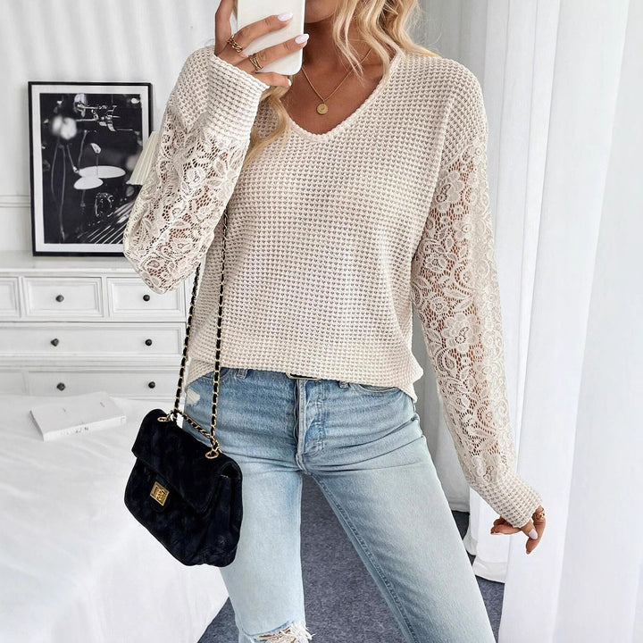 Damen nan locker geschnittener Waffelstrick-Pullover mit floralen Spitzeneinsätzen an den Ärmeln Drune