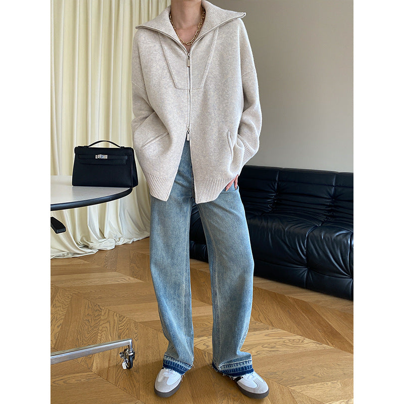 Damen Cozy Strickjacke mit hohem Kragen und Reißverschluss Drune
