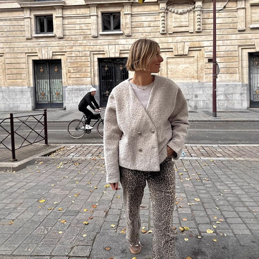 Damen Kurze Teddyjacke mit Doppelknopf-Verschluss und V‑Ausschnitt Drune