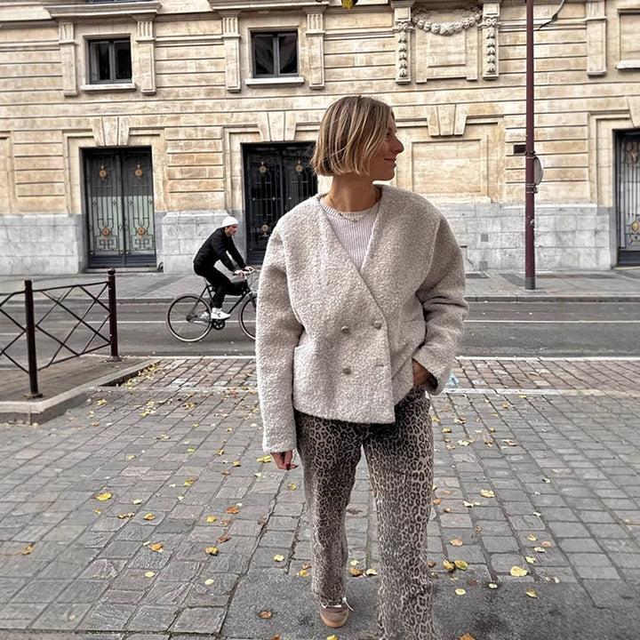 Damen Kurze Teddyjacke mit Doppelknopf-Verschluss und V‑Ausschnitt Drune