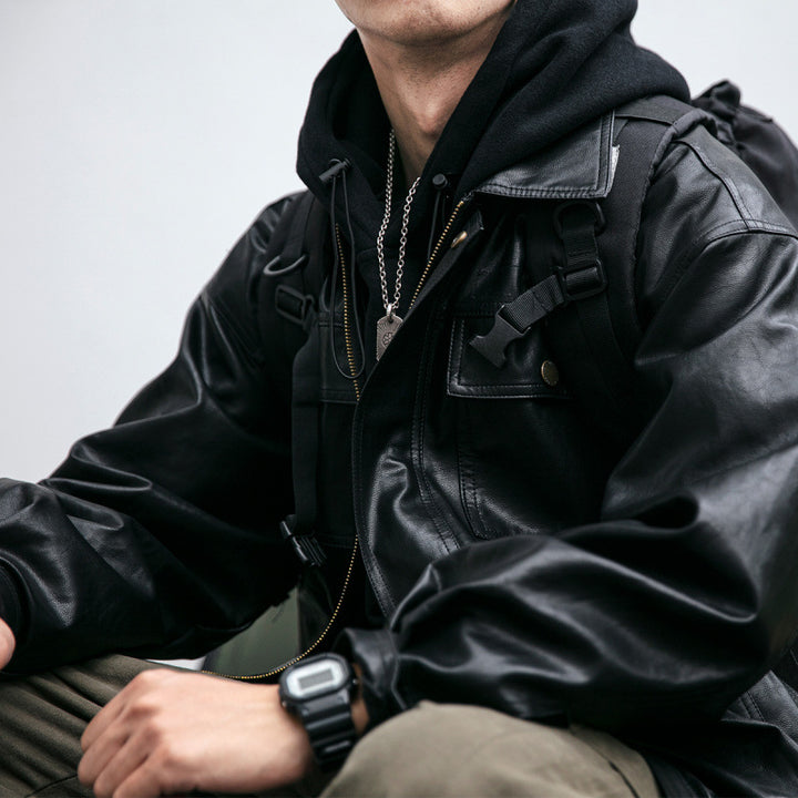Herren Oversized Lederoptik-Utility-Jacke mit Pattentaschen und elastischem Saum Drune