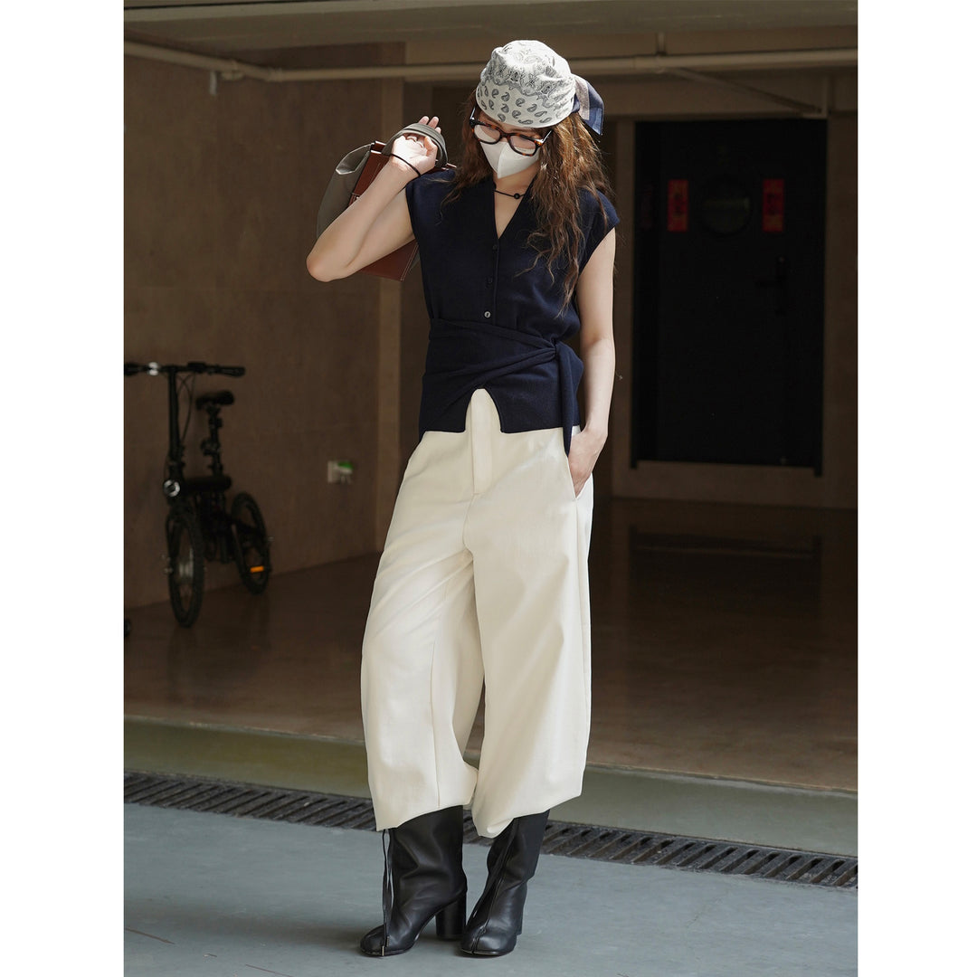 Damen Ärmellose Feinstrick‑Weste mit V‑Ausschnitt, Knopfleiste und Bindeband‑Taille Drune
