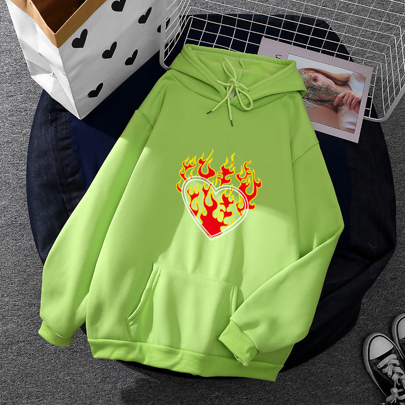 Damen nan leichter Oversize Kapuzenpullover mit Herz‑EKG‑Motiv, langen Kordeln und elastischem Bund Drune