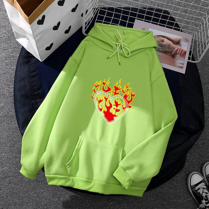 Damen nan leichter Oversize Kapuzenpullover mit Herz‑EKG‑Motiv, langen Kordeln und elastischem Bund Drune