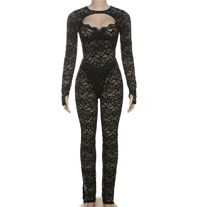 Damen Eleganter Spitzen-Jumpsuit mit tiefem Ausschnitt und figurbetontem Schnitt Drune