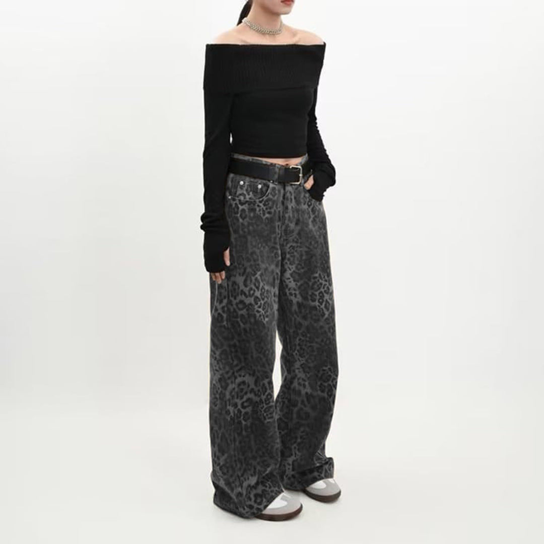 Damen nan weite High‑Waist Palazzohose im Leomuster mit Five‑Pocket‑Schnitt und entspanntem Bein Drune