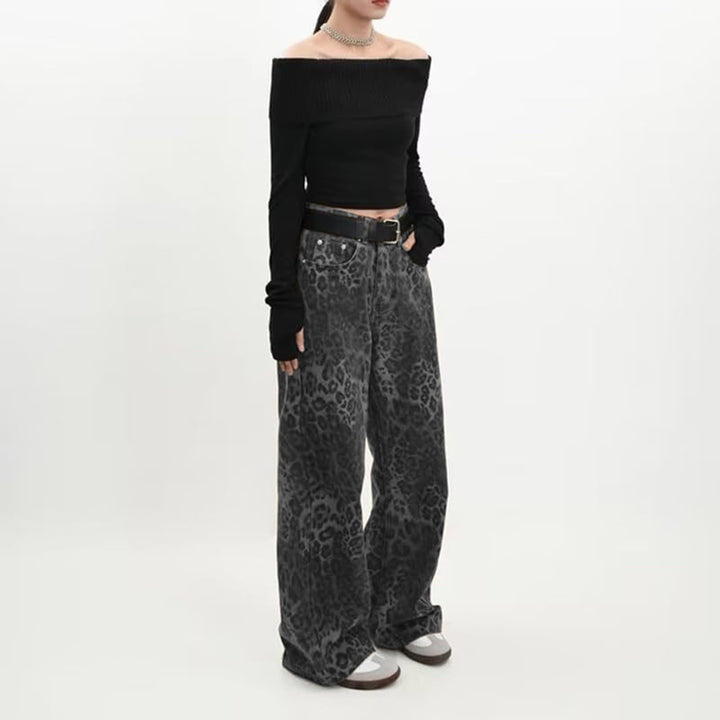 Damen nan weite High‑Waist Palazzohose im Leomuster mit Five‑Pocket‑Schnitt und entspanntem Bein Drune