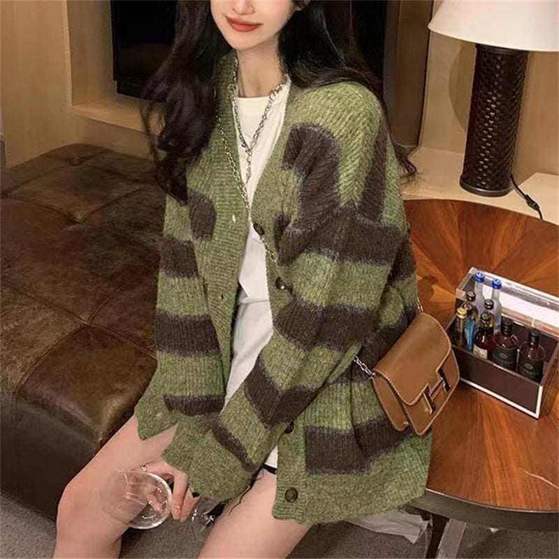 Damen Grobstrickjacke mit modischem Streifenmuster und lässigem Schnitt Drune