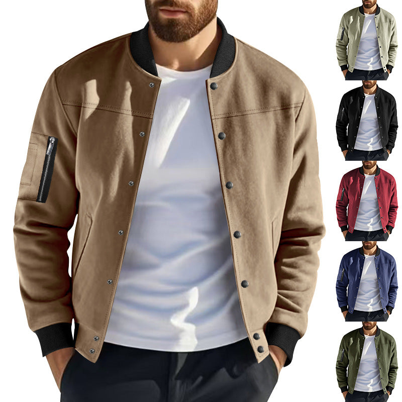 Herren Varsity-Bomberjacke mit Druckknopfverschluss, Ärmeltasche und gerippten Bündchen Drune