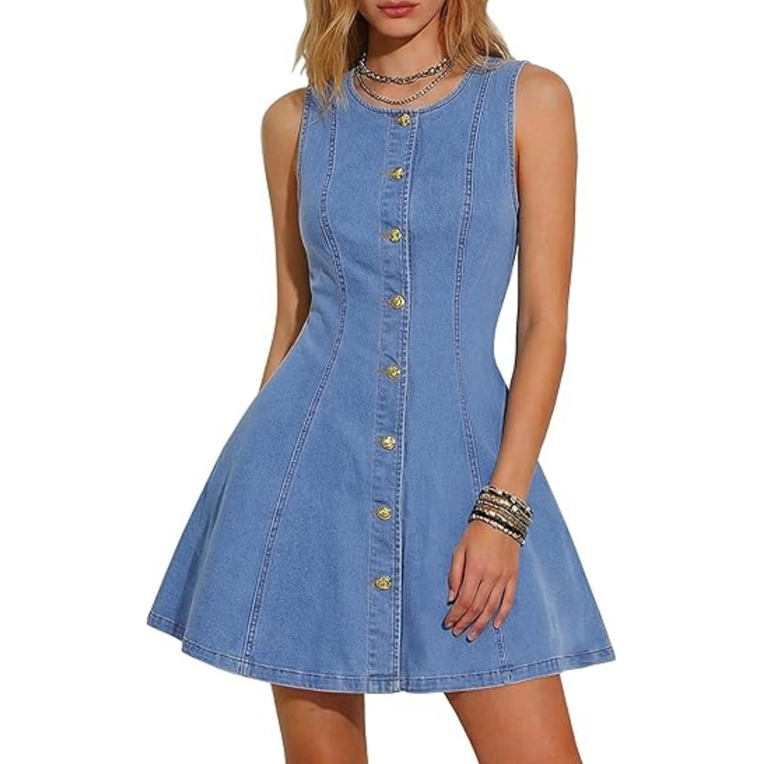 Damen Ärmelloses Jeanskleid mit taillierter A-Linie und durchgehender Knopfleiste Drune
