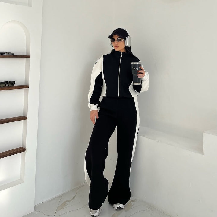 Damen Hoodie- und Flare-Hosen-Set mit kontrastierenden Einsätzen und hohem Kragen