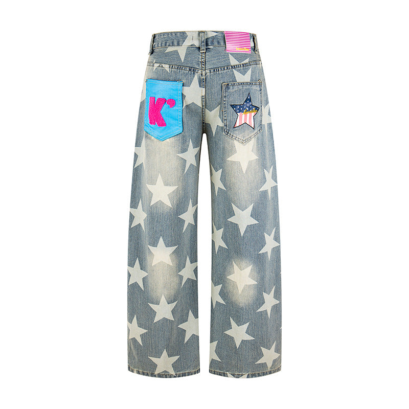 Damen Weite Hochbund-Culotte-Jeans mit hoher Taille und Allover-Sterneprint Drune